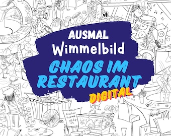 Kleurplaat met gigantische verborgen voorwerpen - Chaos in het restaurant | Creatief schilderplezier voor kinderen en volwassenen | Digitaal downloaden