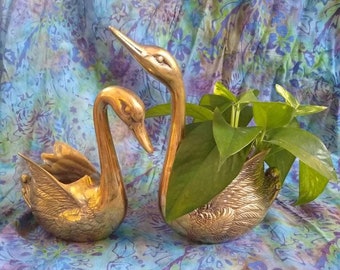 Vintage Brass Swan Figurine Planter Candle Holder - Set of Two, Coordinating, Mismatched - Made in Korea