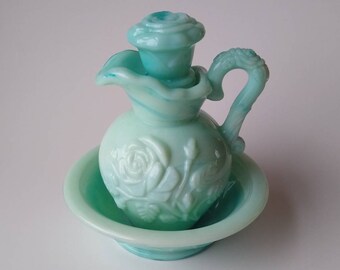 Vintage Avon Bottle Marbled Teal | Soap Dish | Oil Pitcher| Complete Set | Milk Glass