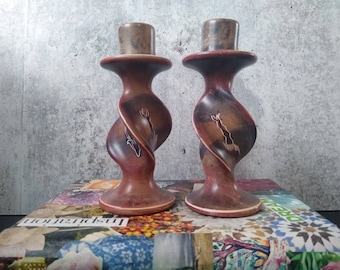 Matching Pair of African Hand Carved Soapstone Candle Holders | Twisted Candle Holders | Barley Twist Style Candlestick