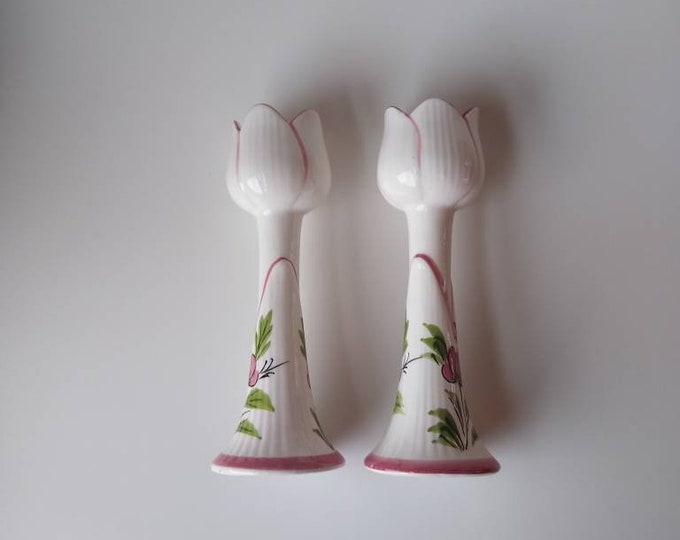 Vintage Ceramic Tulip Candle Holders Set of 2 Hand Painted Made in