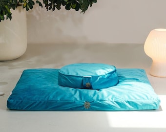 Teal Velvet Meditation Cushion Set, Zafu and Zabuton, Buckwheat Floor Cushion, Meditation Pillow Set, Large Floor Pillow