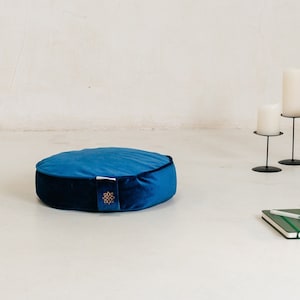 Blue Velvet Meditation Cushion, Zafu and Zabuton, Buckwheat Floor Cushion, Meditation Pillow, Large Yoga Floor Pillow, Meditation Gift