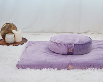 Lilac Velvet Meditation Cushion Set, Zafu Zabuton, Buckwheat Floor Cushion, Meditation Pillow Set, Large Floor Pillow