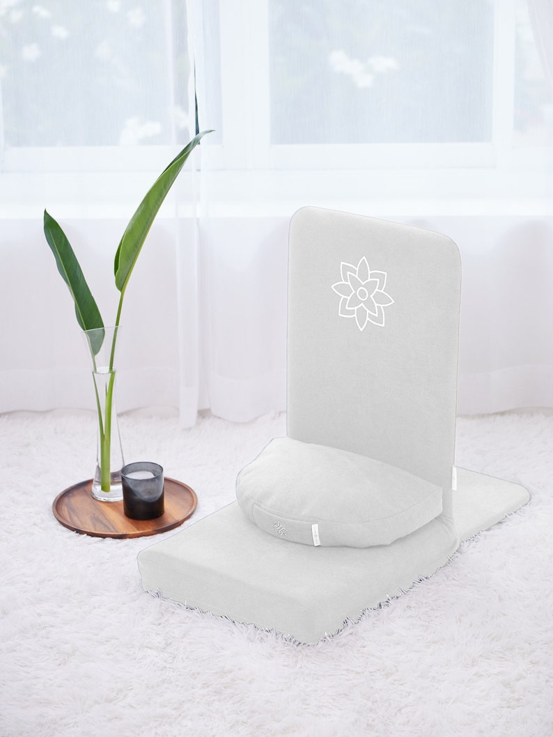 Gray Folding Meditation Chair, Meditation Cushion with Back Support, Japanese Floor Chair, Floor Cushion, Zafu Pillow White