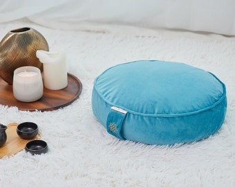 Teal Velvet Meditation Cushion, Zafu and Zabuton, Buckwheat Floor Cushion, Meditation Pillow, Large Yoga Floor Pillow, Meditation Gift