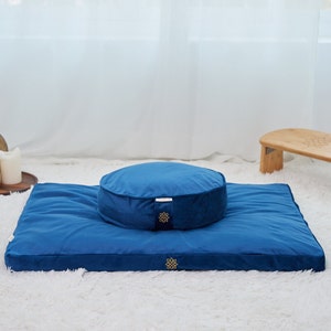 Blue Velvet Meditation Cushion Set, Zafu and Zabuton, Buckwheat Floor Cushion, Meditation Pillow Set, Large Floor Pillow