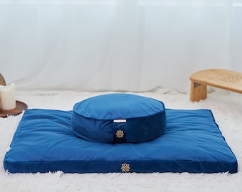 Blue Velvet Meditation Cushion Set, Zafu and Zabuton, Buckwheat Floor Cushion, Meditation Pillow Set, Large Floor Pillow