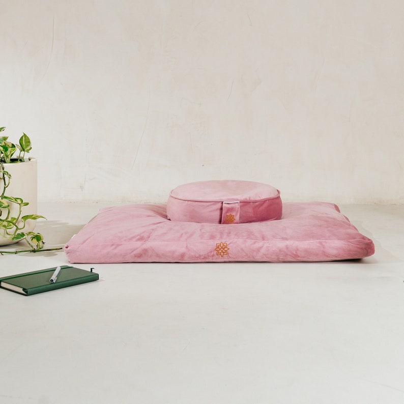 Green Velvet Meditation Cushion Set, Zafu Zabuton, Buckwheat Floor Cushion, Meditation Pillow Set, Large Floor Pillow Blush Pink