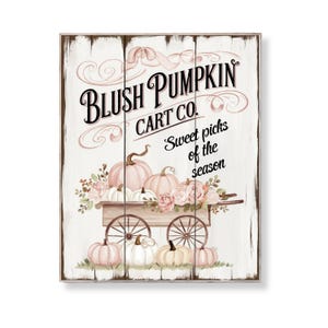 Blush Pumpkin Cart Co Sign afdrukbare herfst bloemen muur kunst vintage roze pompoen decor Shabby chique herfst boerderij digitale download poster