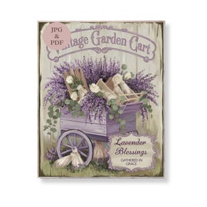 Lawendowy Ogród Wózek Znak Fioletowy Kwiat Ścienny Sztuka Wydrukowany Vintage Farmhouse Decor Shabby Chic Kwiatowe Błogosławieństwo Cyfrowe Pobieranie Prezent Plakat