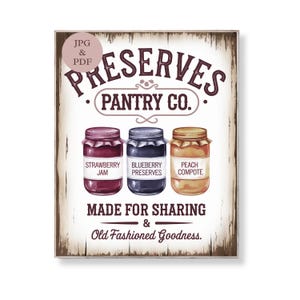 Preserves Pantry Co Sign druckbare Marmeladenglas Wand Kunst Erdbeere Blaubeere Pfirsich Vintage Bauernhaus Küche Dekor digitaler Download Poster