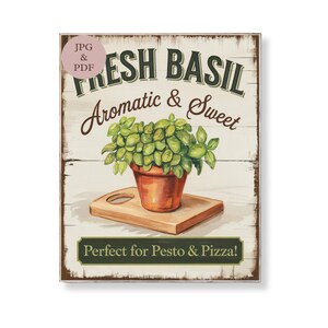Frisches Basilikum Küche Wand Kunst Kräutergarten Zeichen Pesto Pizza Dekor druckbare Vintage Botanische rustikale Bauernhaus Poster Geschenk