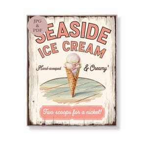 Vintage Seaside Ice Cream Sign: Retro Beach Decor Art Print (Digital Download 8x10 PDF/JPG)