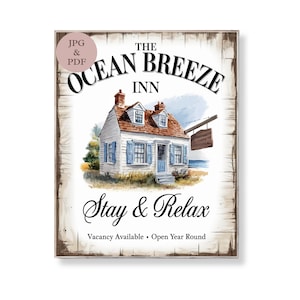 Ocean Breeze Inn Sign Coastal Cottage Wall Art Beach House Printable Stay and Relax Decor Nautical Summer Poster Digital Seaside Print Gift