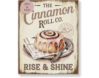 Cinnamon Roll Co Sign Vintage Bakery Wall Art Farmhouse Breakfast Decor Shabby Chic Café Print Sweet Brunch Digital Download Poster