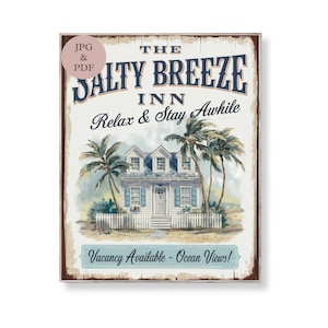 Salty Breeze Inn Coastal House Sign Vintage Ocean View Wall Art Seaside Cottage Digital Print Nautical Beach Decor Relaxing Summer Poster