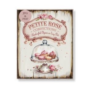 Petite Rose Confections Sign Printable French Patisserie Art Shabby Chic Bakery Wall Decor Pink Macaron Digital Download Vintage Style