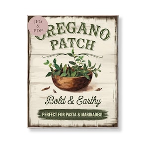 Oregano Patch Küche Zeichen Rustikal Kräuter Wand Kunst Printable Bauernhaus Pasta Garten Dekor Vintage Bold Erdige Digital Download Poster Home Geschenk