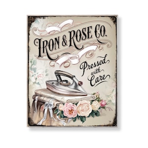 Vintage Ironing Wall Art Retro Laundry Room Decor Shabby Chic Printable Iron Sign Pressed With Care Wreath Accent DIY Home Decor Poster Gift