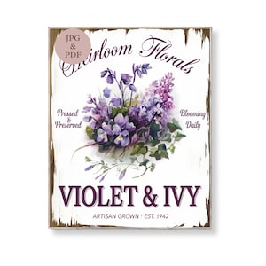 Violet and Ivy Sign Heirloom Floral Wall Art Botanical Purple Flower Print Rustic Garden Decor Pressed Bloom Printable Digital Download