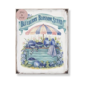 Bosbessenbloesem staan afdrukbare muurkunst rustieke fruitmarkt winkelwagen digitale boerderij keuken decor vintage botanische bessen bord downloaden cadeau