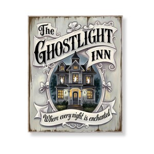 Póster de Halloween imprimible de The Ghostlight Inn, decoración de casa embrujada, cartel de otoño espeluznante con fantasmas, arte de pared vintage digital, regalo
