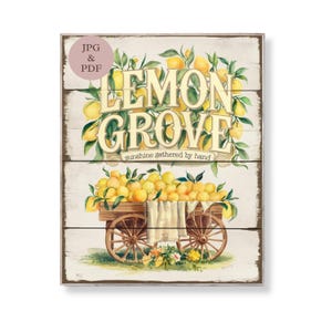 Lemon Grove Wall Art afdrukbare rustieke boerderij fruit keuken decor Sunny Citrus Cart Sign digitale download Vintage Market Garden print