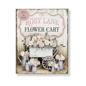 Wózek na kwiaty Rosy Lane Vintage Pink Rose Market Sign Romantyczna kwiatowa sztuka ścienna do druku Shabby Chic Garden Decor Digital Download Farmhouse
