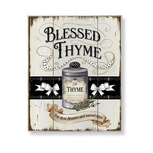 Vintage gesegnete Thymian Wand Kunst druckbare christliche Küche Dekor schwarz Polka Dot Gewürz Schild Schrift Bauernhaus Kräuter Speisekammer Download Poster