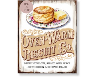 Oven Warm Biscuit Sign Vintage Southern Kitchen Wall Art Shabby Chic Digital Print Cozy Farmhouse Breakfast Instant Download Printable Decor