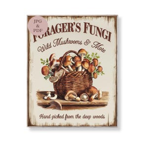 Letrero de hongos del bosque para recolector de hongos, arte de pared vintage para cocina, decoración rústica para recolector de alimentos, póster imprimible digital para cabaña de granja, regalo