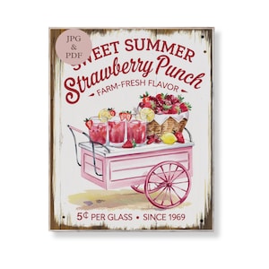Zoete zomer aardbei punch muur kunst vintage drankje winkelwagen afdrukbare boerderij fruit keuken decor aardbei staan digitale download poster