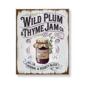 Wilde Pflaumen-Thymian-Marmelade-Küchen-Wand-Kunst druckbare Bauernhaus Speiseröhre Zeichen rustikales Obst-Kraut-Dekor digitales Landhaus Lebensmittel Etikett Poster zum Herunterladen