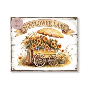 Sunflower Lane druckbare Vintage gelbe Blumen Warenkorb Wand Kunst rustikale Bauernhaus Dekor Sommer Markt Schild Digital Download Poster