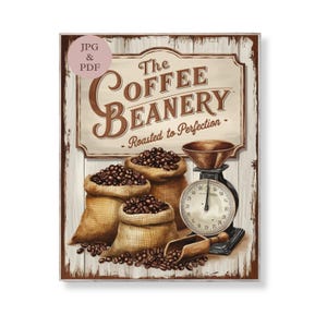 Vintage Coffee Beanery Sign Rustic Kitchen Wall Art Paddington Lane Printable Coffee Decor Farmhouse Cafe Digital Download Gift