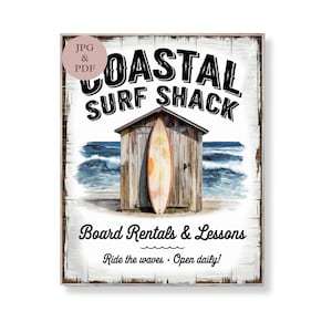 Coastal Surf Shack Sign Vintage Beach Wall Art Summer Surfboard Poster Ocean Board Rental Decor Rustic Nautical Digital Download Print Gift