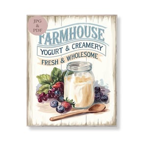Bauernhaus Joghurt und Milchcreme Wand Kunst Rustikal Molkerei Küche Küche Zeichen Frische Gesunde Speisekammer Druckbare Obst Frühstück Dekor Digitales Poster Geschenk