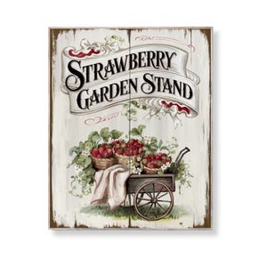 Strawberry Garden Stand Sign Vintage Fruit Cart Wall Art Afdrukbare Rustieke Boerderij Markt Decor Shabby Chic Zomer Aardbei Download Cadeau