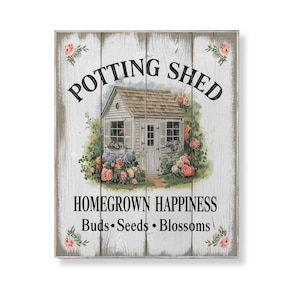 Potting Shed Printable Wall Art Rustic Garden Sign with Cottage Shed and Flowers Homegrown Happiness Farmhouse Decor Digital Download Poster