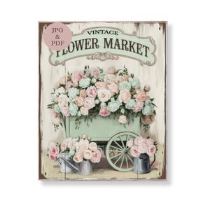 Blush Rose Blumen Warenkorb Wand Kunst Vintage Blumenmarkt Schild druckbare Pastell Blumenstrauß Shabby Chic digitaler Download für Küche Poster