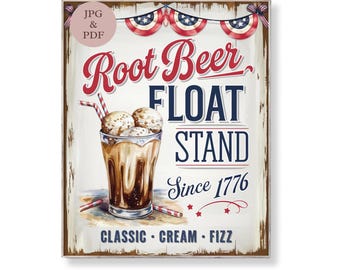 Root Beer Float Stand Sign Vintage Patriotic Soda Shop Printable 4th of July Kitchen Wall Art Americana Ice Cream Decor Digital Download