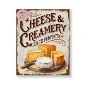 Cheese and Creamery Wall Art Vintage Dairy Kitchen Sign Aged to Perfection Printable Rustic Farmhouse Decor Digital Cheese Board Poster Gift