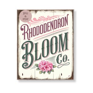 Rhododendron Flower Wall Art Vintage Botanical Bloom Co Sign Pink Cottage Garden Decor Shabby Chic Digital Download Floral Printable