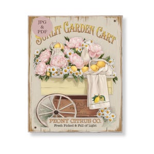Słoneczny Ogród Wózek Drukuj Piwonia Cytryna Sztuka Ścienna Vintage Kwiatowy Wystrój Kuchni Letni Cytrus Znak Shabby Chic Farmhouse Cyfrowe Pobieranie Plakatu