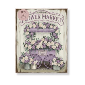 Lavendel Blumen Warenkorb Wand Kunst Vintage Floral Markt Zeichen druckbare Shabby Chic Blumenstrauß digitaler Download für Küche oder Garten Dekor Poster