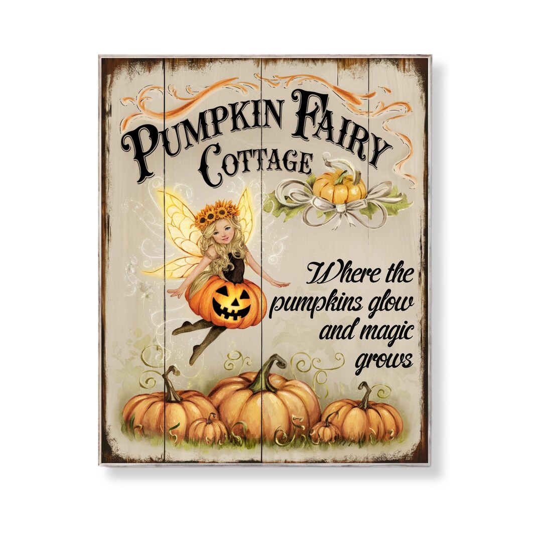 Pumpkin Fairy Cottage Wall Art Printable Autumn Nursery Decor Retro ...