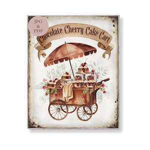 Chocolade kersentaart winkelwagen teken vintage dessert kunst aan de muur afdrukbare bakkerij markt winkelwagen decor rustiek fruit gebak digitale download poster cadeau