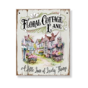Floral Cottage Lane afdrukbare muurkunst Frans plattelandsdorp straatnaambord Shabby chique bloemenkar Vintage Home Decor digitale download poster