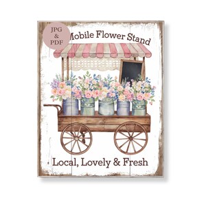 Mobilny stojak na kwiaty Znak do druku Wiosenny kwiatowy wózek Sztuka Dekoracja ścienna na rynku w stylu rustykalnym Botaniczny Shabby Chic Cyfrowy plakat do pobrania
